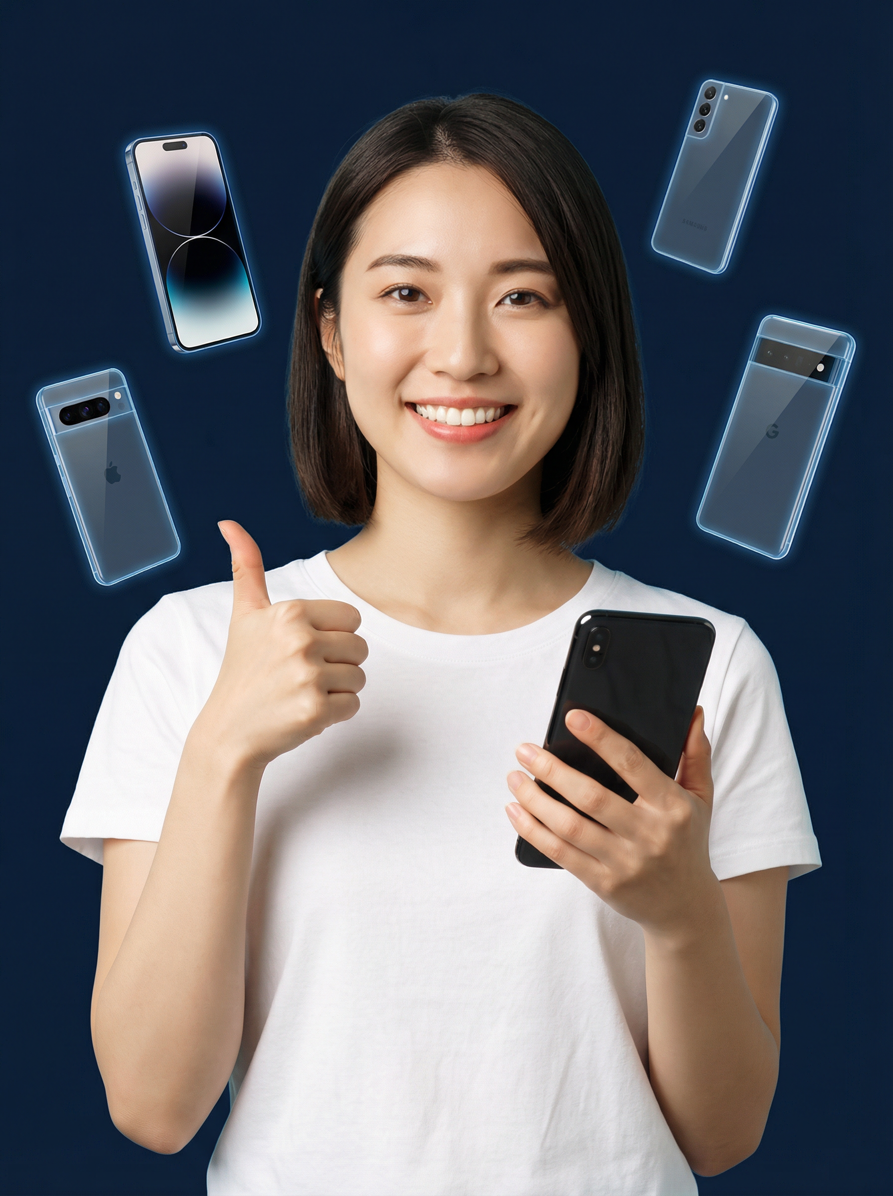 スマートフォンを手に笑顔の女性 - テスラモバイル買取